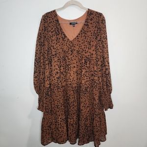 Mittoshop Leopard Animal Print Bohemian Fall Tier Women M V Neck Midi Dress